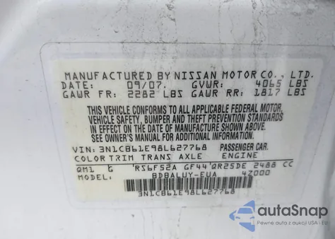 2008 Nissan Sentra Se-R Spec V из США, поврежденный, VIN 3N1CB61E98L627768